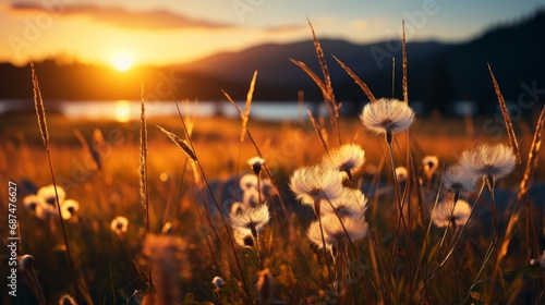 Sunset over grass blowing in the wind