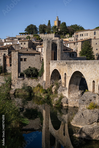 Besalu medieval bridge, Girona, Catalonia, Spain.Besalu fortified medieval village