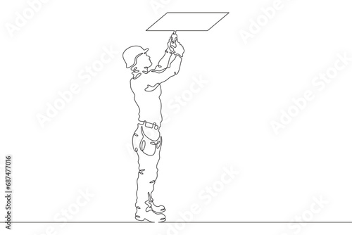 A builder works with tools. Man in work clothes.Handyman. Wrench. Repair. One continuous line drawing. Linear. Hand drawn, white background. One line.