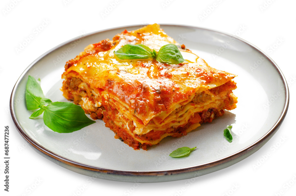 Delicious Homemade Lasagna with Bolognese Sauce on White Background, Italian Cuisine, Tasty Baked Lasagna Delicious Homemade Lasagna with Bolognese Sauce on White Background, Italian Cuisine, Tasty Baked Lasagna