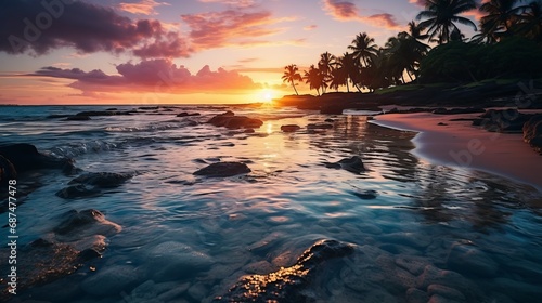 Gorgeous tropical sunset over a beach with silhouett