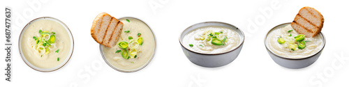 Leek Soup, Comfort Meal, Potato and Leek Creamy Soup, Vegetarian Food on White Background