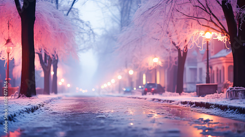 Beautiful winter city street at night with lanterns and snow covered trees. Generative AI technology.