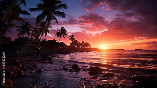 Hawaiian coconut palms silhouetted against a sun