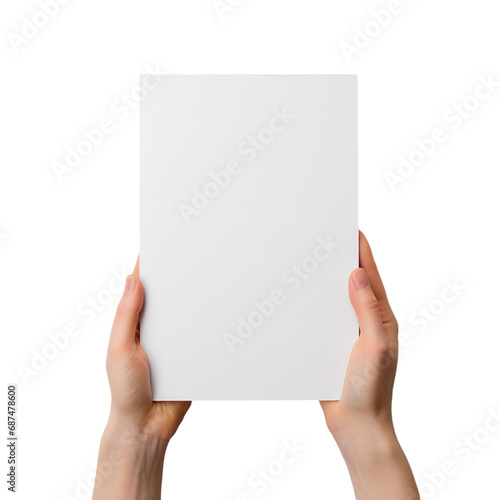hand holding blank paper isolated on white transparent background