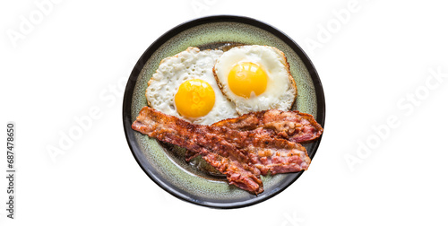 Breakfast bacon and fried eggs served in a plate on a white background