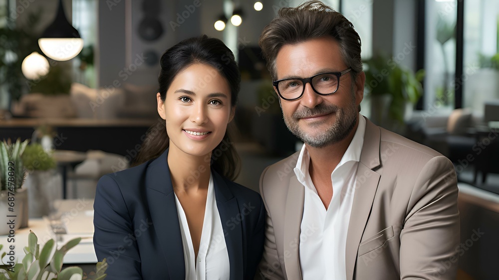Business: a happy man of European, American appearance and a woman of Asian appearance in business suits of a strict dress code as business partners in the office negotiate and smile. Generation Ai Business: a happy man of European, American appearance and a woman of Asian appearance in business suits of a strict dress code as business partners in the office negotiate and smile. Generation Ai