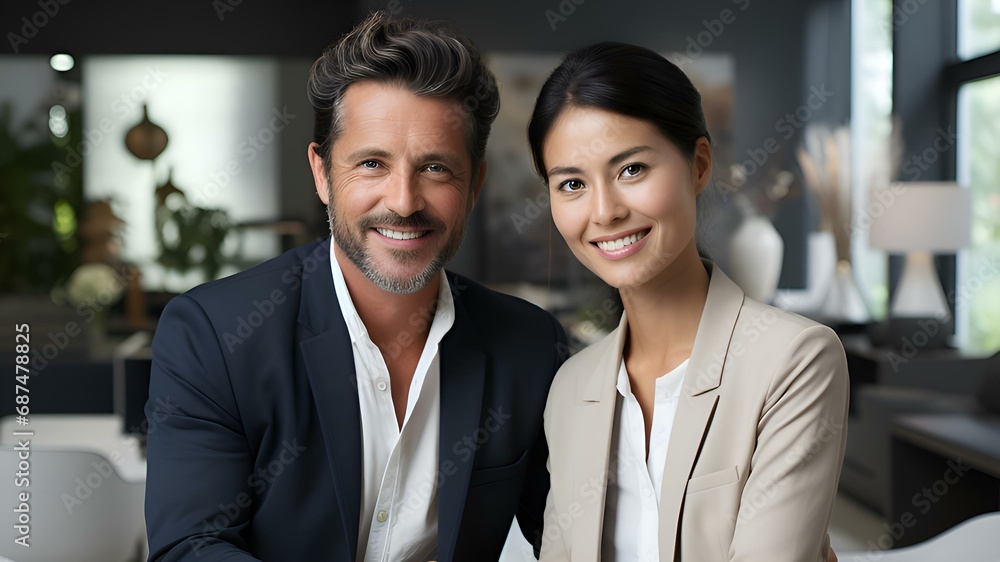 Business: a happy man of European, American appearance and a woman of Asian appearance in business suits of a strict dress code as business partners in the office negotiate and smile. Generation Ai Business: a happy man of European, American appearance and a woman of Asian appearance in business suits of a strict dress code as business partners in the office negotiate and smile. Generation Ai