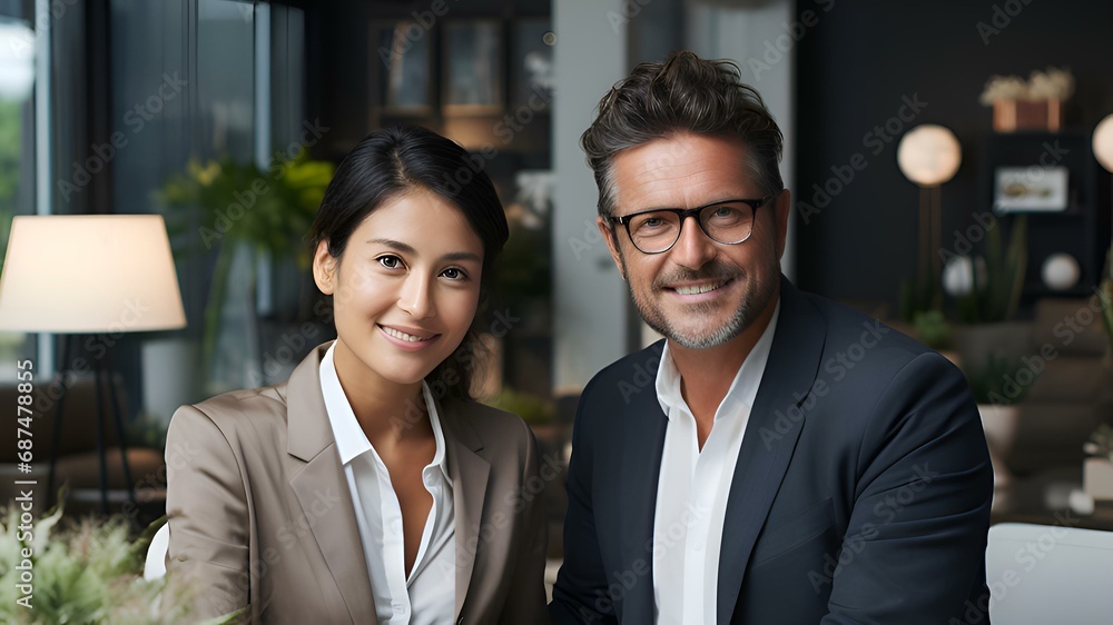 Business: a happy man of European, American appearance and a woman of Asian appearance in business suits of a strict dress code as business partners in the office negotiate and smile. Generation Ai Business: a happy man of European, American appearance and a woman of Asian appearance in business suits of a strict dress code as business partners in the office negotiate and smile. Generation Ai