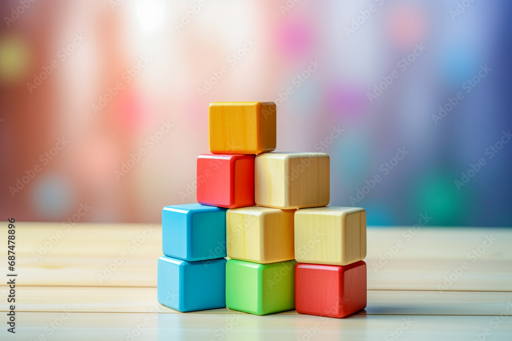 The concept of using bright colored geometric shapes for the development of fine motor skills in preschool children on a light background.