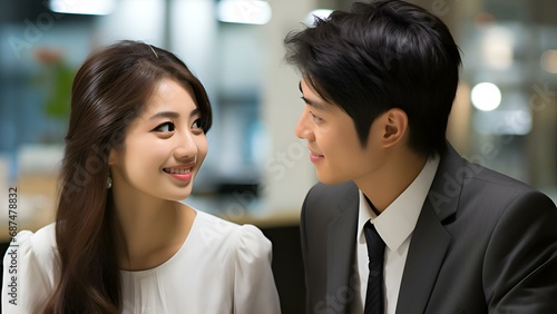 Business: a happy man and a woman of Asian appearance appearance in business suits of a strict dress code as business partners in the office negotiate and smile. Generation Ai