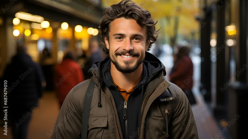 A young and handsome male student in simple clothes with a beard looks into the frame and smiles. Simple casual wear A young and handsome male student in simple clothes with a beard looks into the frame and smiles. Simple casual wear