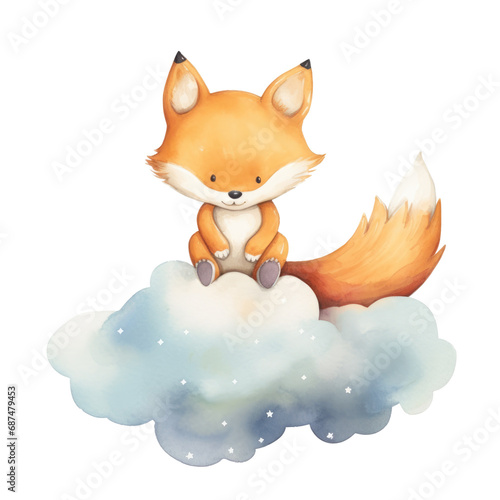 cute fox sitting on cloud  watercolor illustration  png