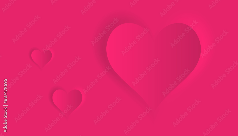 Abstract background with heart shapes and smooth gradient on pink color. Neumorphic Style.  Elegant and minimalist 3D vector design