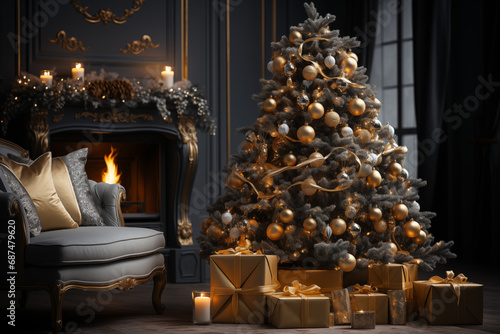 Beautiful Christmas tree decorated with toys in room  winter  night  beautiful light  AI generate