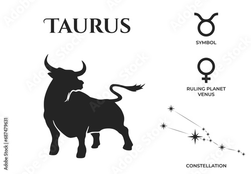taurus zodiac sign, constellation and mars ruling planet symbol. astrology and horoscope vector design