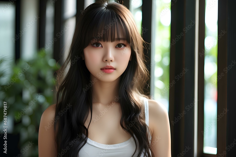A japanese woman with long hair and bangs, smooth healthy skin and hair, for advertisment, skin care, make up etc A japanese woman with long hair and bangs, smooth healthy skin and hair, for advertisment, skin care, make up etc
