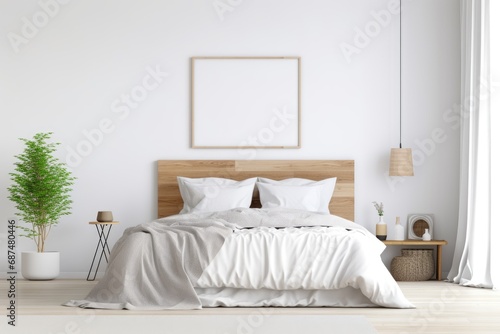 Banner with minimalist white spacious bedroom. Contemporary interior idea