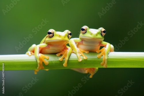 two small cute green tree frogs sitting on the plant, natural background