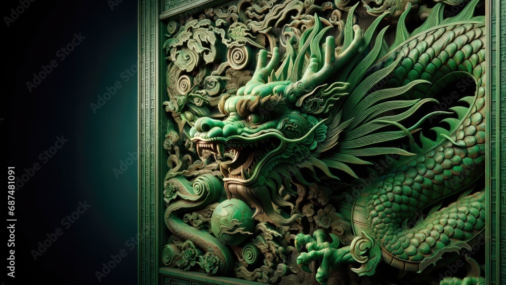 Obraz premium A green wooden dragon, its scales and mane meticulously carved to reveal the depth of traditional artistry. 