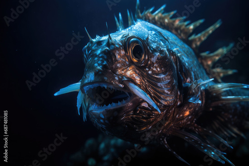 Deep-water fish at the bottom of the ocean. A scary fish with big teeth. Underwater world. Generative AI