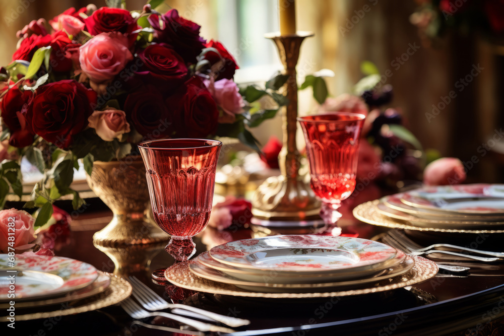 Valentines day gathering: table with runners, vibrant blooms, and dinnerware. Elegant table setting. Generative AI