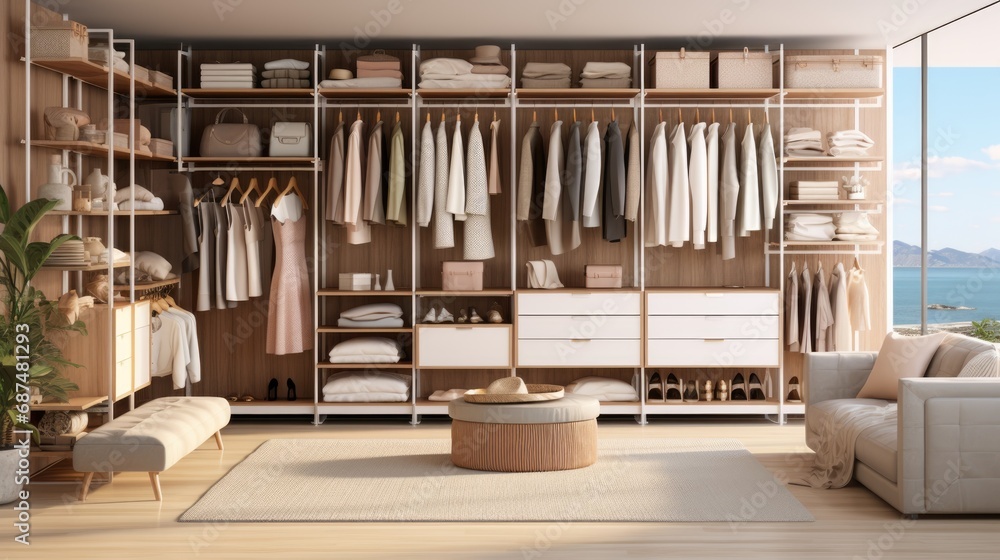 Modular closet system made up of standardized units to mix and match to create the perfect customizable closet design - obrazy, fototapety, plakaty 