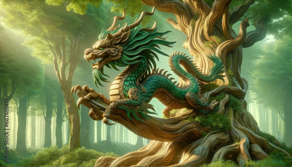 Embracing the spirit of the year 2024, this photorealistic image showcases the mythical Green Wooden Dragon, intricately carved and perched atop an ancient tree. 