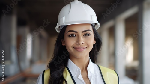 Smiling ethinic Indian woman,Beautiful female engineer, bright white skin. looking at camera On a construction site. 