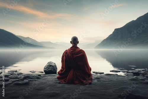 A Tibetan Buddhist monk sits meditatively on weathered stone, gazing toward misty mountains beside serene waters. © Nethmi