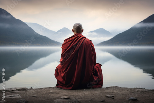 A Tibetan Buddhist monk sits meditatively on weathered stone, gazing toward misty mountains beside serene waters. photo