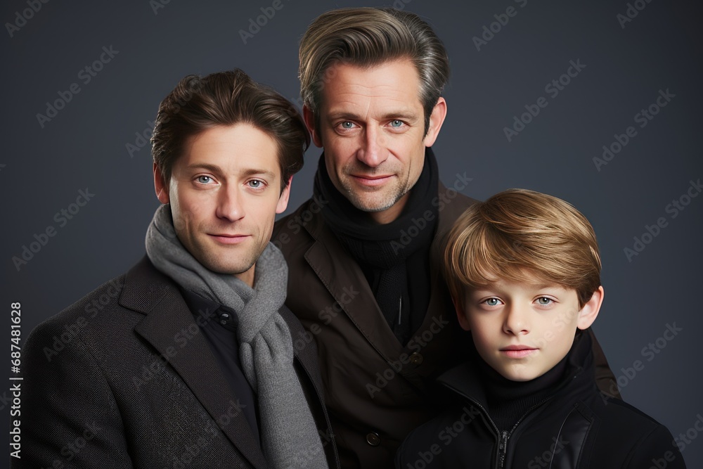 Studio family portait with two fathers and a child. LGBTQ nonbinary couple with a kid. Tolerance, diversity concept Studio family portait with two fathers and a child. LGBTQ nonbinary couple with a kid. Tolerance, diversity concept
