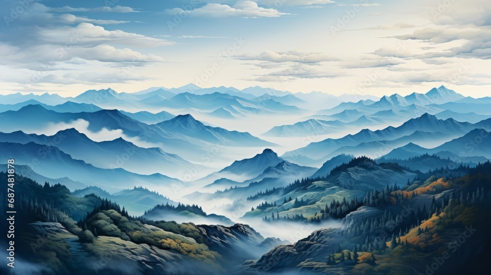 Watercolor abstract landscape featuring a mountain