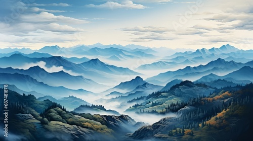 Watercolor abstract landscape featuring a mountain