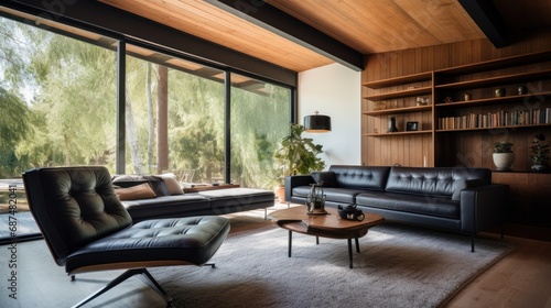 Details of, minimalist modern natural, interior with mid-century modern sitting room with large leather sofa, morning light