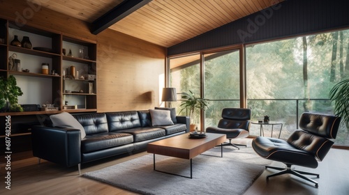 Details of  minimalist modern natural  interior with mid-century modern sitting room with large leather sofa  morning light