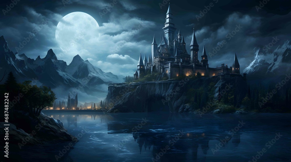 a grand medieval castle at night a grand medieval castle at night