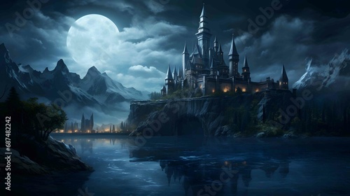 a grand medieval castle at night © DigitalNestEgg