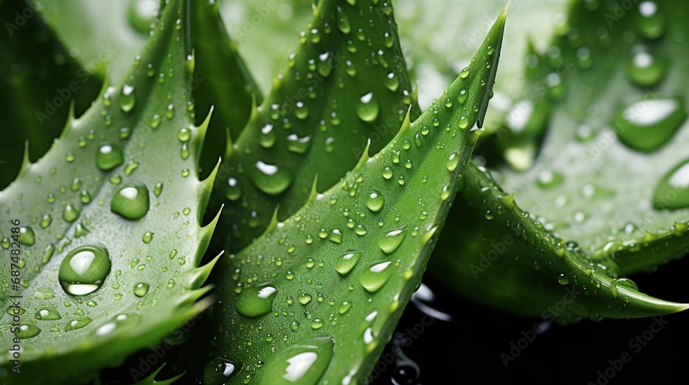 Close-up of fresh green aloe vera leaves with water drops. Dark background. Generative AI Close-up of fresh green aloe vera leaves with water drops. Dark background. Generative AI