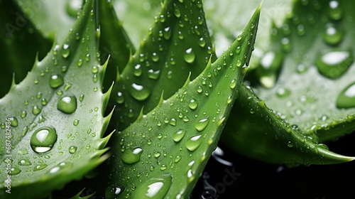 Close-up of fresh green aloe vera leaves with water drops. Dark background. Generative AI