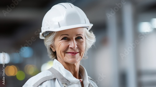 portrait of senior woman engineer helmet ,Confident woman, female worker in industry