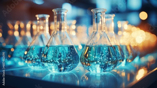 Close-up of blue glass flasks standing in row. Scientific chemistry research. Laboratory backdrop. Generative AI