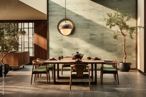 Dining area blending Japandi aesthetics with a European touch photo