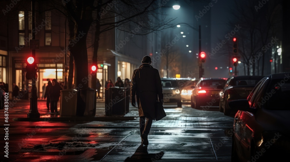 Back of man walking at cityscape, big city at night