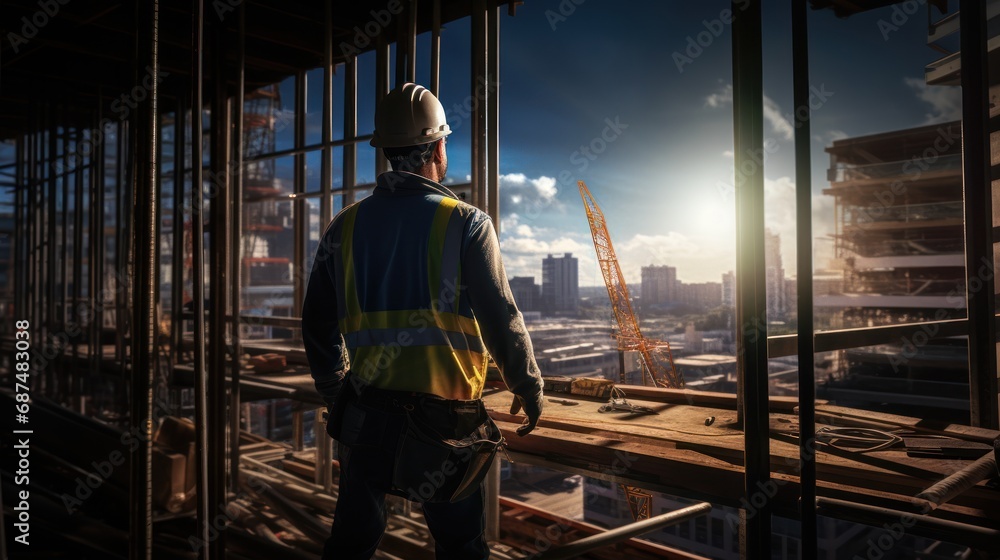 Rear of Architect on high rise construction site ,Skilled worker at construction site on tall building, construction industry Rear of Architect on high rise construction site ,Skilled worker at construction site on tall building, construction industry