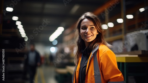 Successful Female smiling at the camera Walking in a Metal Manufacture Warehouse