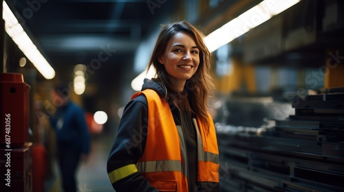 Successful Female Industrial smiling at the camera Walking in a Metal Warehouse
