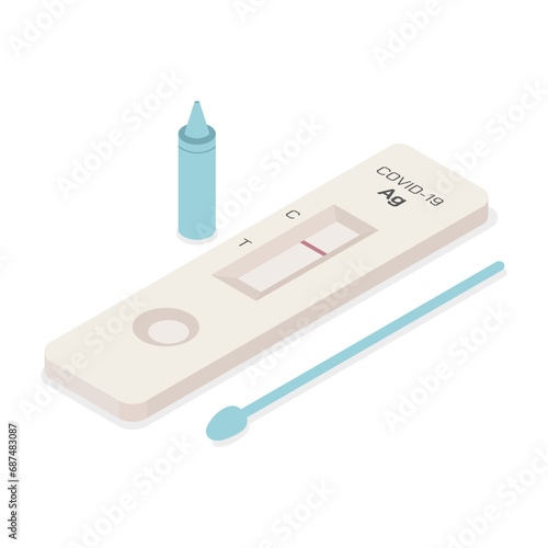 A portable home use medical equipment. Rapid antigen test kit set (ATK) for Covid-19. Isometric vector design. Isolated object on white background.