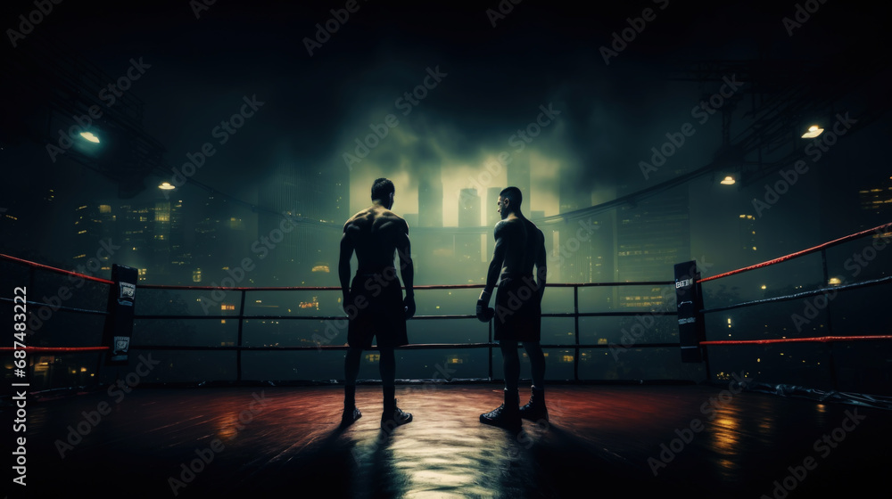 Boxers silhouettes in the ring with spotlights. Blurred dark background. Sports concept. Generative AI