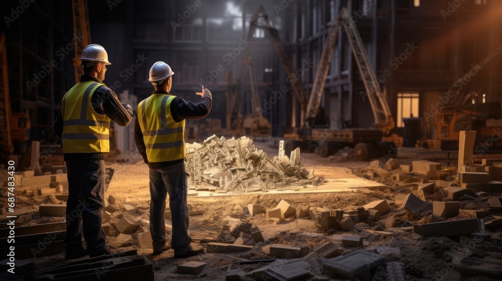 Two engineers arguing at construction site, workers and industry Two engineers arguing at construction site, workers and industry